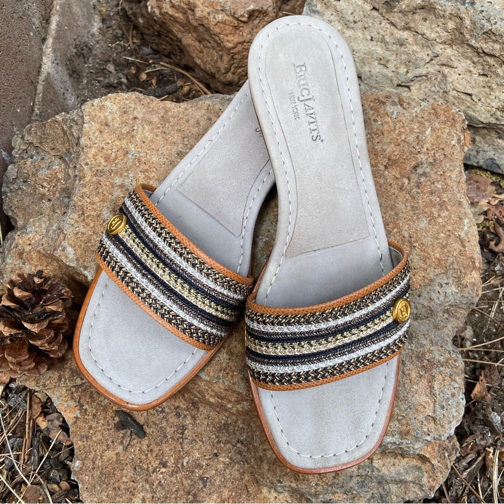 Eric Javits Gray + Tan Summer Sandals with Woven Design